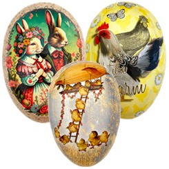 Papier Mache Eggs with Roosters, Chicks, Bunnies + Animals 