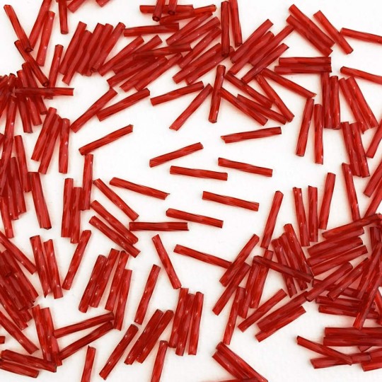 20 Clear Red Glass Tube Beads ~ Twisted Detail ~ 15 mm