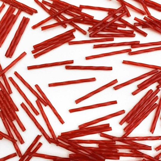 20 Clear Red Glass Tube Beads ~Twisted Detail ~ 30 mm