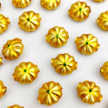 7 Flower Shaped Glass Garland Beads ~ Matte Yellow + Green Centers ~ 18mm