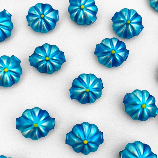 7 Flower Shaped Glass Garland Beads ~ Matte Blue + Yellow Centers ~ 18mm