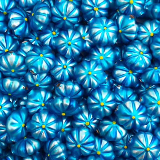 7 Flower Shaped Glass Garland Beads ~ Matte Blue + Yellow Centers ~ 18mm