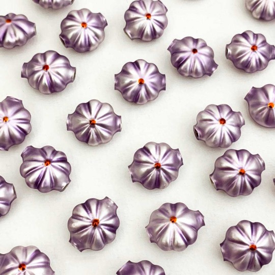 7 Flower Shaped Glass Garland Beads ~ Matte Light Purple + Orange Centers ~ 18mm