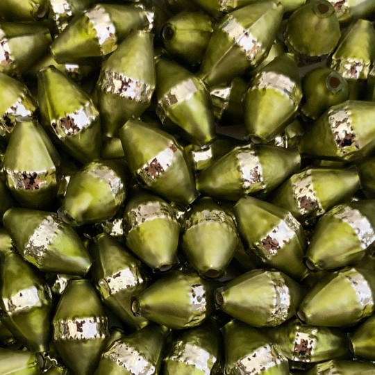 6 Classic Barrel Glass Garland Beads ~ Matte Green + Silver Stripe ~ 1"