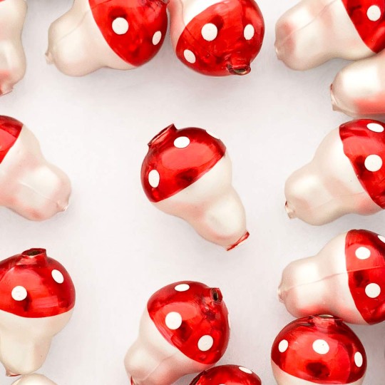 3 Blown Glass Red Mushroom Beads 1-1/8 ~ Czech Republic