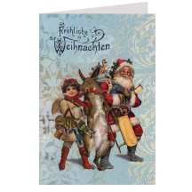 Santa with Angel & Bunny Glittered Christmas Card ~ Germany