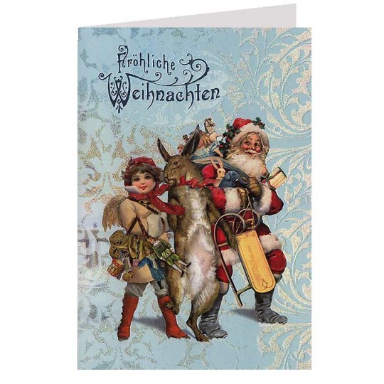 Santa with Angel & Bunny Glittered Christmas Card ~ Germany