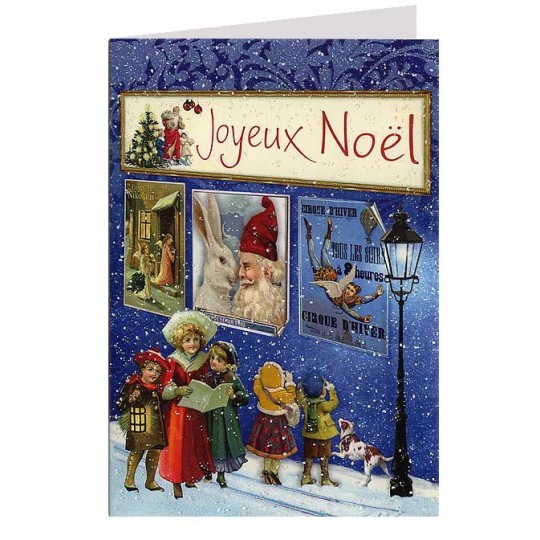 Joyeux Noel Victorian Carolers Glittered Christmas Card ~ Germany