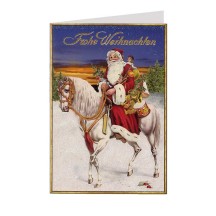 Santa on White Horse Glittered Christmas Card ~ Germany