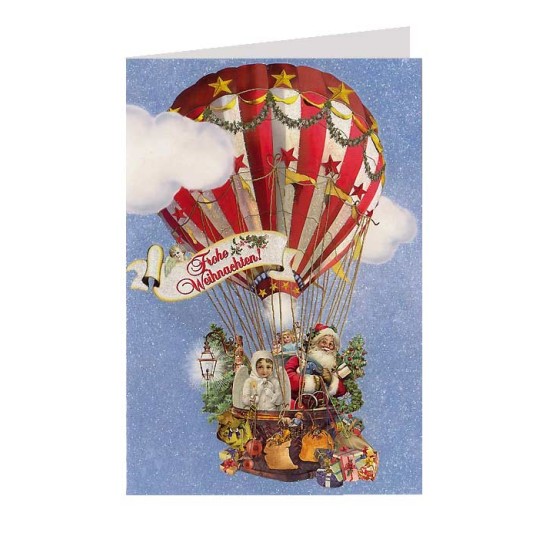 Santa Hot Air Balloon Glittered Christmas Card ~ Germany