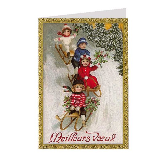 French Children Sledding Glittered Christmas Card ~ Germany