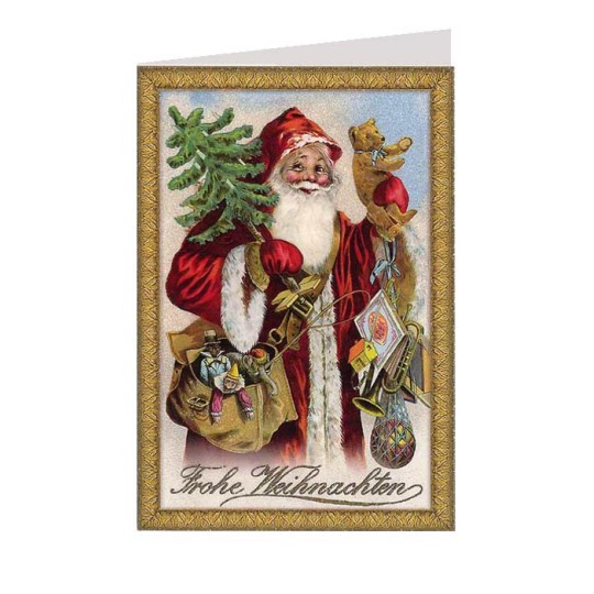 Santa with Bear Glittered Christmas Card ~ Germany