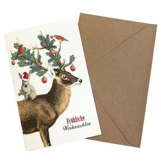 Whimsical Deer and Bunny Glittered Christmas Card ~ Germany