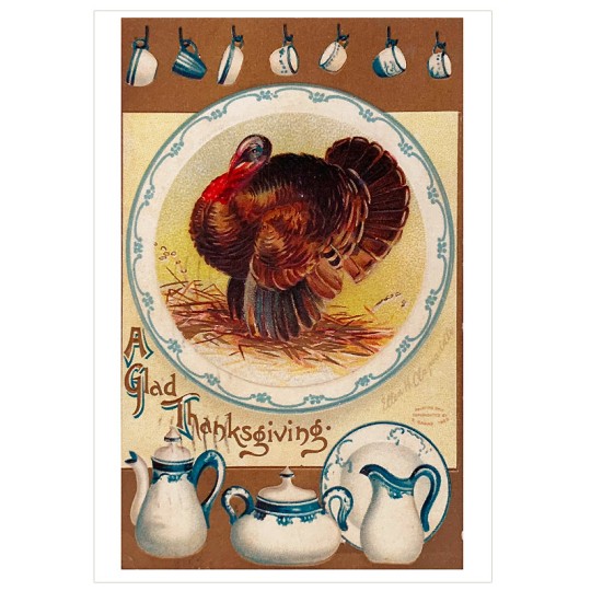 Turkey and Blue and White Dishes Thankgiving Postcard ~ Holland