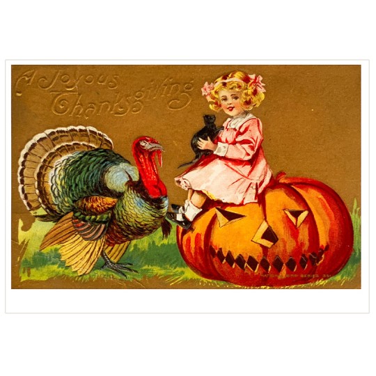 A Joyous Thanksgiving Girl with Turkey and Black Cat Postcard ~ Holland