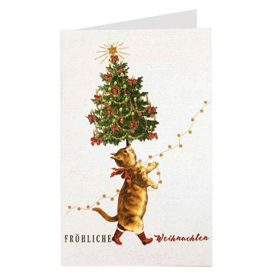 Whimsical Cat with Christmas Tree Glittered Christmas Card ~ Germany