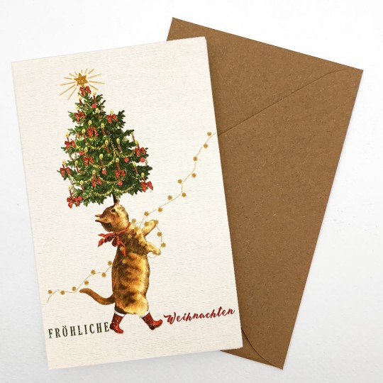 Whimsical Cat with Christmas Tree Glittered Christmas Card ~ Germany