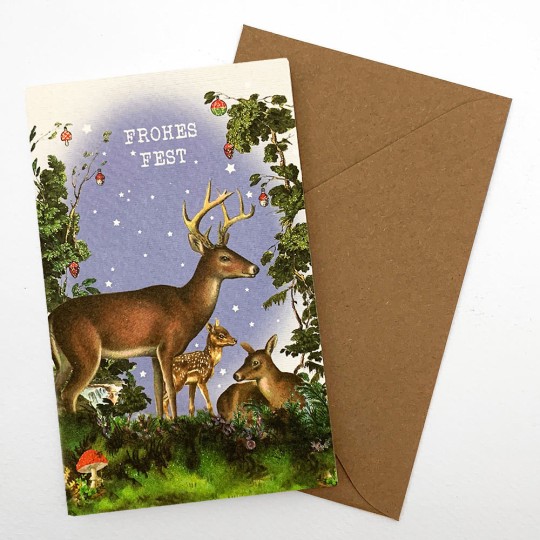 Deer and Mushrooms Glittered Christmas Card ~ Germany