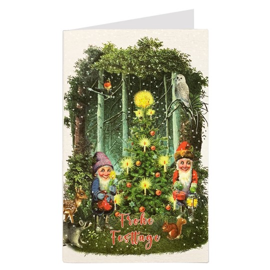 Gnomes and Woodland Animals Glittered Christmas Card ~ Germany