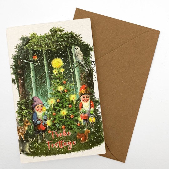 Gnomes and Woodland Animals Glittered Christmas Card ~ Germany