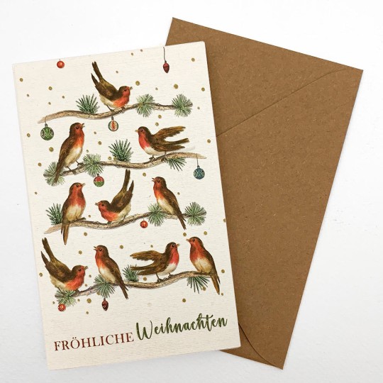 Christmas Robins Glittered Christmas Card ~ Germany