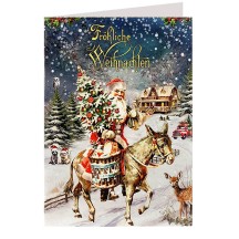 Santa with Donkey Glittered Christmas Card ~ Germany