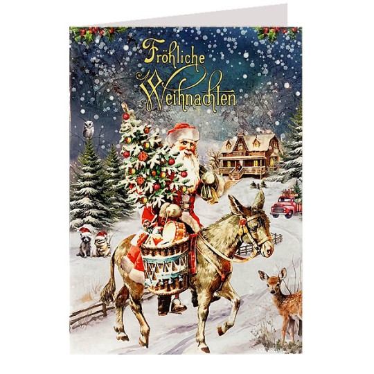 Santa with Donkey Glittered Christmas Card ~ Germany