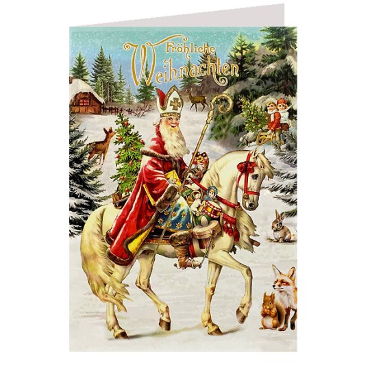 St. Nicholas with White Horse Glittered Christmas Card ~ Germany