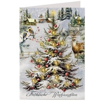 Snowy Village Christmas Tree Glittered Christmas Card ~ Germany