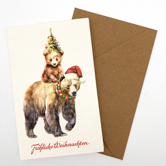 Whimsical Christmas Bears Glittered Christmas Card ~ Germany