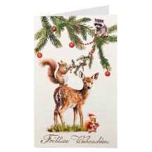 Whimsical Deer and Animals Decorating Greenery Glittered Christmas Card ~ Germany