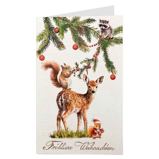 Whimsical Deer and Animals Decorating Greenery Glittered Christmas Card ~ Germany