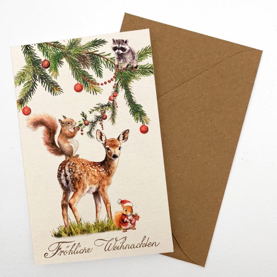 Whimsical Deer and Animals Decorating Greenery Glittered Christmas Card ~ Germany