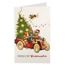 Whimsical Christmas Cat Car Glittered Christmas Card ~ Germany