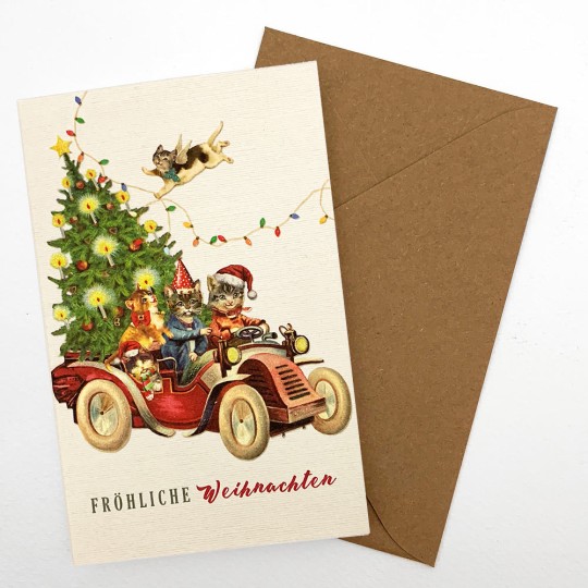 Whimsical Christmas Cat Car Glittered Christmas Card ~ Germany