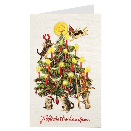 Whimsical Christmas Cat Tree Glittered Christmas Card ~ Germany