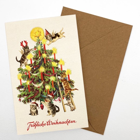 Whimsical Christmas Cat Tree Glittered Christmas Card ~ Germany