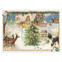 Angel with Deer and Christmas Tree Christmas Postcard ~ Germany