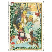 Woodland Angels with Deer Christmas Postcard ~ Germany