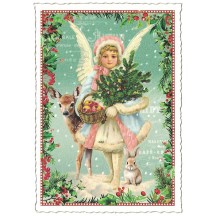 Snow Angel with Deer and Greenery Christmas Postcard ~ Germany