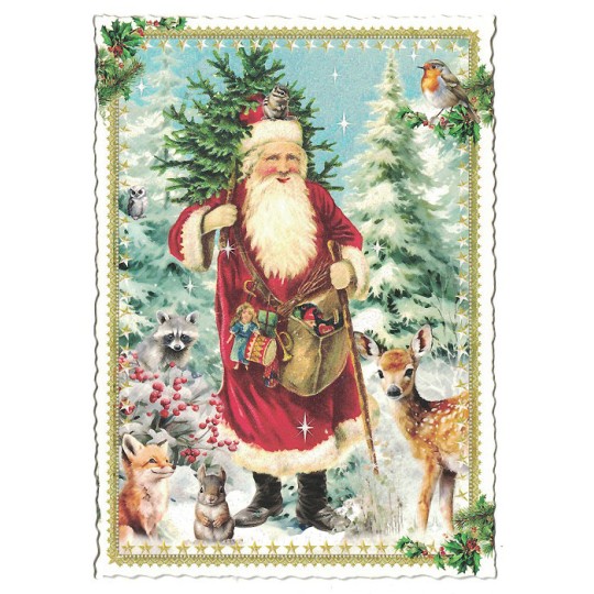 Woodland Santa with Animals Christmas Postcard ~ Germany