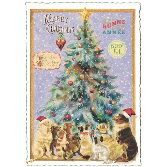 Christmas Tree with Festive Dogs Christmas Postcard ~ Germany