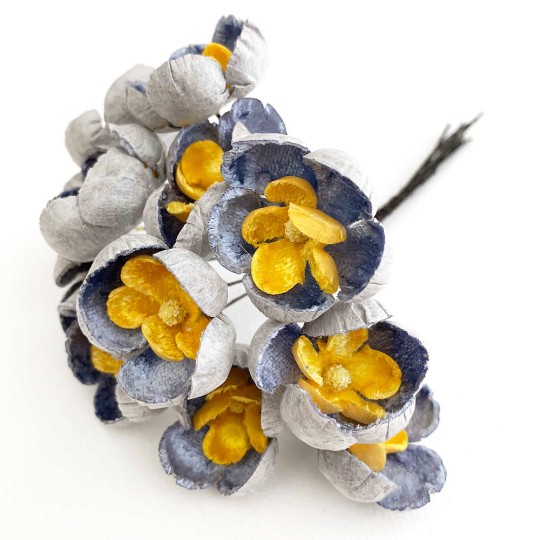 Bunch of Large Paper and Velvet Buttercups ~ Blue + Yellow