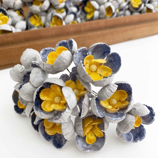 Bunch of Large Paper and Velvet Buttercups ~ Blue + Yellow