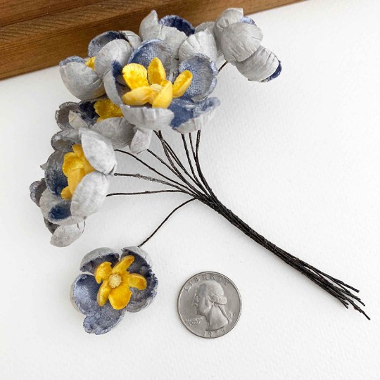 Bunch of Large Paper and Velvet Buttercups ~ Blue + Yellow