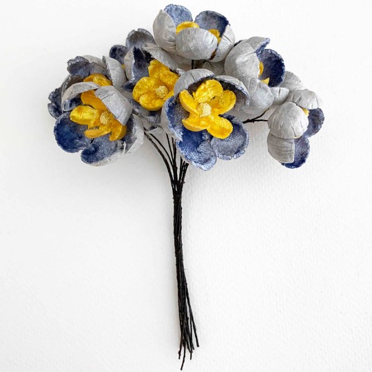 Bunch of Large Paper and Velvet Buttercups ~ Blue + Yellow