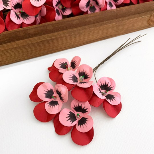 Bunch of Small Paper Pansies ~ Dark Red + Pink