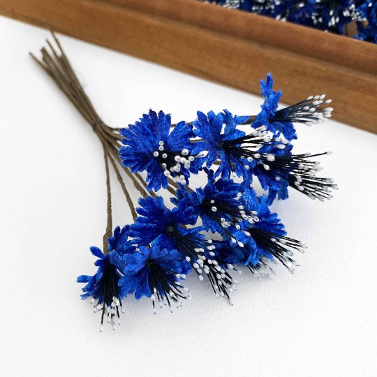 Royal Blue Velvet Bachelor Buttons Millinery Flowers ~ Bunch of 12 ~ Czech Republic