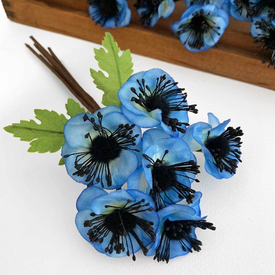 Blue Fabric Anemone Flowers with Fuzzy Centers ~ Bunch of 6 ~ Czech Republic