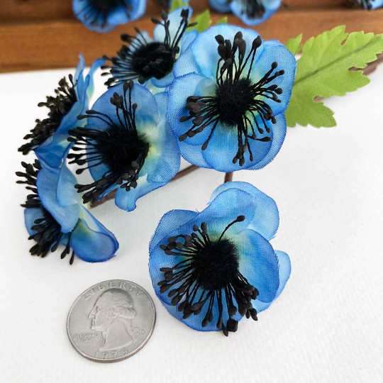 Blue Fabric Anemone Flowers with Fuzzy Centers ~ Bunch of 6 ~ Czech Republic